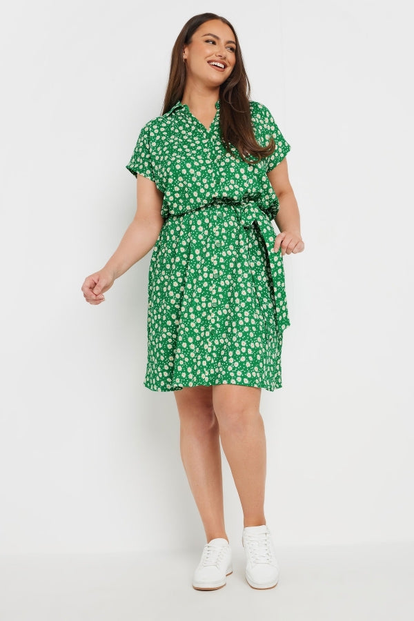 Büyük Beden Polo Yaka Kısa Kollu Çiçek Desenli Düğme Detaylı Kuşaklı Elbise 303328 Elbise Vervegrand