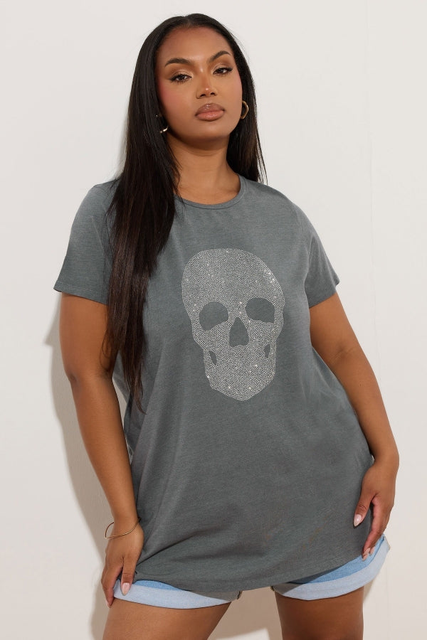 Vervegrand büyük beden taşlı kuru kafa baskılı gri t-shirt ön görünüm