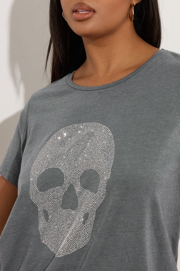 Büyük Beden Bisiklet Yaka Kısa Kollu Kuru Kafa Baskılı Taşlı T-shirt 304131 Vervegrand