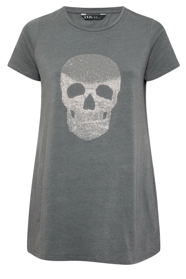 Büyük Beden Bisiklet Yaka Kısa Kollu Kuru Kafa Baskılı Taşlı T-shirt 304131 Vervegrand