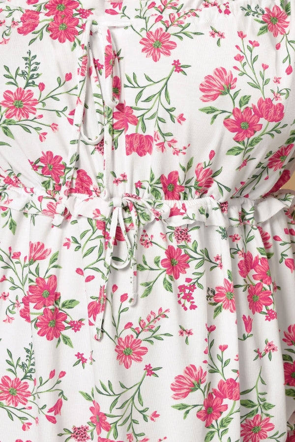 Büyük Beden Kare Yaka Askılı İp Detaylı Çiçek Desenli T-shirt 322694 T-shirt Vervegrand