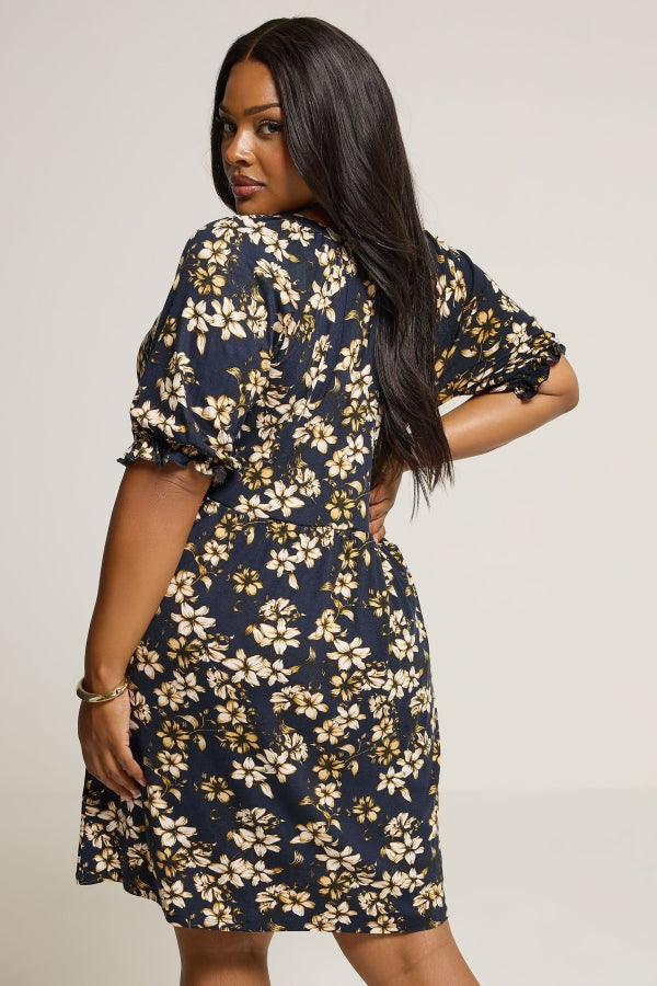 Büyük Beden V Yaka Kısa Kollu Çiçek Desenli Mini Elbise 304076 Elbise Vervegrand