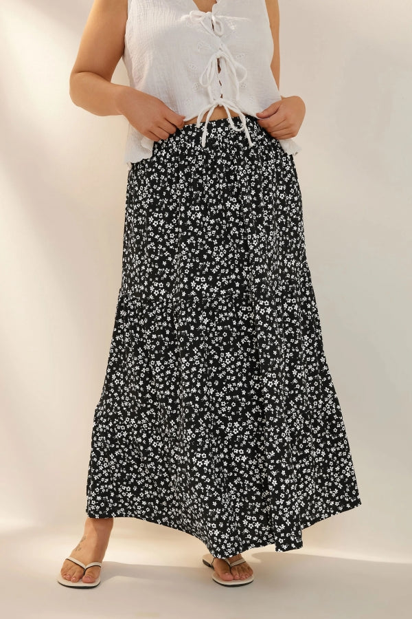 Büyük Beden Uzun Kesim Cepsiz Beli Lastikli Desenli Etek 160320 Vervegrand