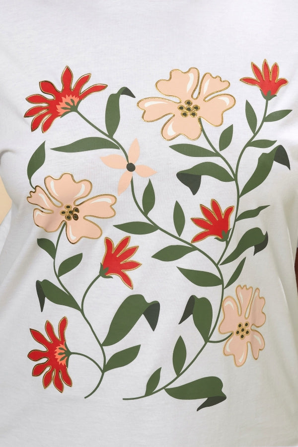 Büyük Beden Kısa Kollu Bisiklet Yaka Çiçek Desenli T-shirt 304177 Vervegrand