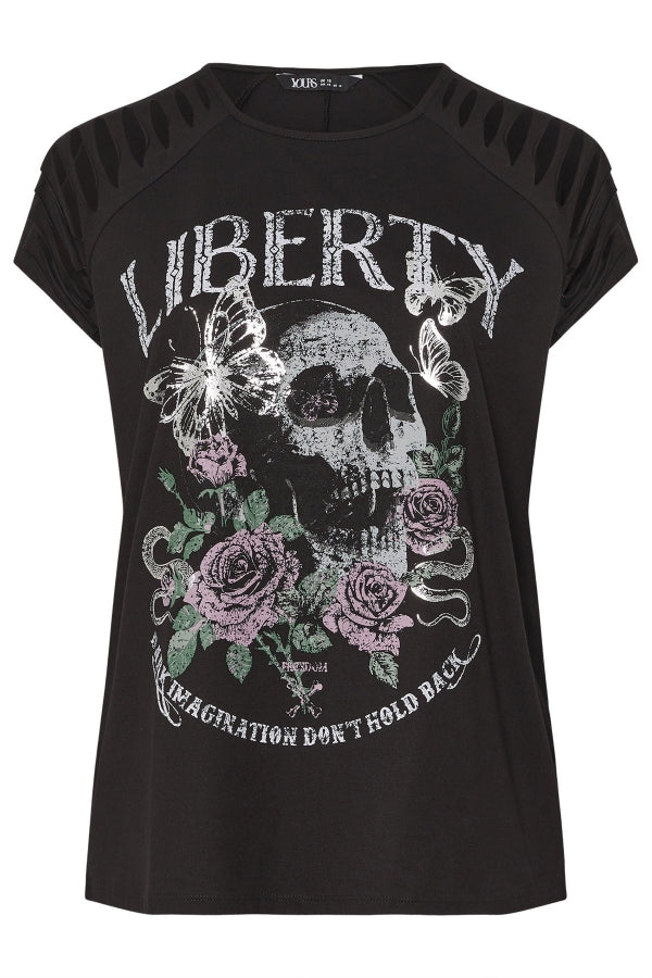 Büyük Beden Bisiklet Yaka Kol Detaylı Kuru Kafa Baskılı T-shirt 322639 T-shirt Vervegrand