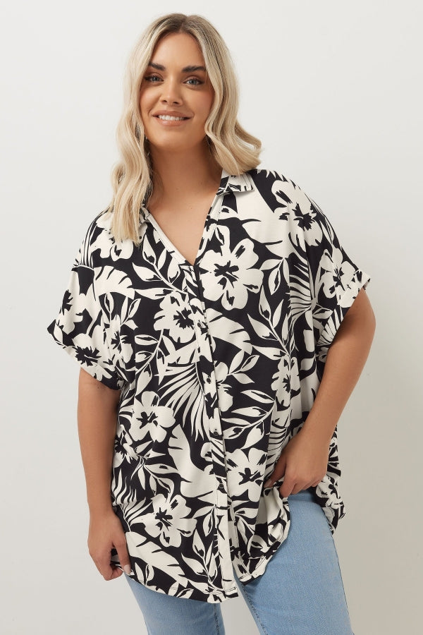 Büyük Beden Kısa Kollu Çiçek Desenli Gömlek 303686 Gömlek Vervegrand