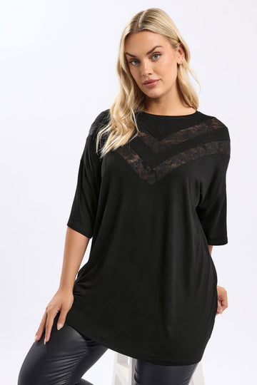 Büyük Beden Kısa Kollu V Yaka Dantel Detaylı Yırtmaçlı Uzun T-shirt 322971 Vervegrand