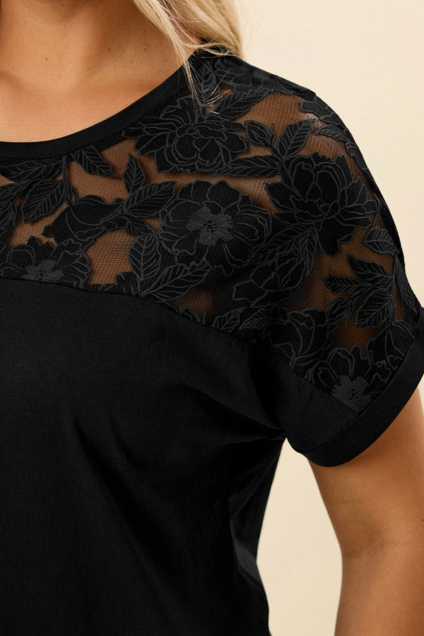 Büyük Beden Bisiklet Yaka Tül Detaylı Kısa Kollu T-shirt 321125 Vervegrand
