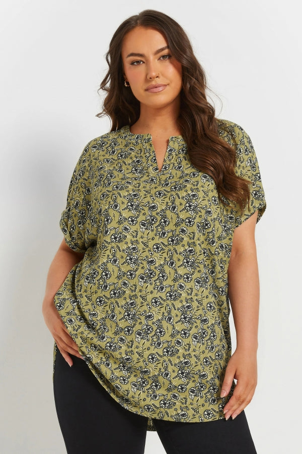 Büyük Beden Çentik Yaka Kısa Kollu Eteği Asimetrik Kesim Desenli Bluz 303867 Vervegrand