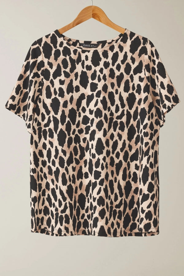 Büyük Beden Kısa Kollu Bisiklet Yaka Leopar Desenli Bluz 616006 Vervegrand