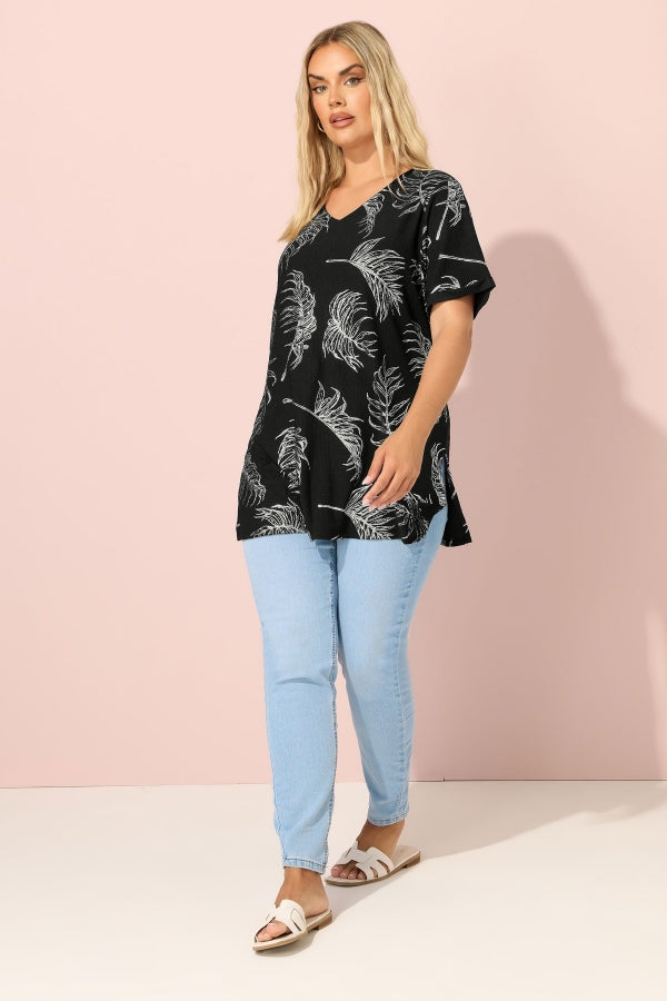 Büyük Beden Kısa Kollu Bisiklet Yaka Baskılı Yırtmaçlı Uzun T-shirt 303780 Vervegrand