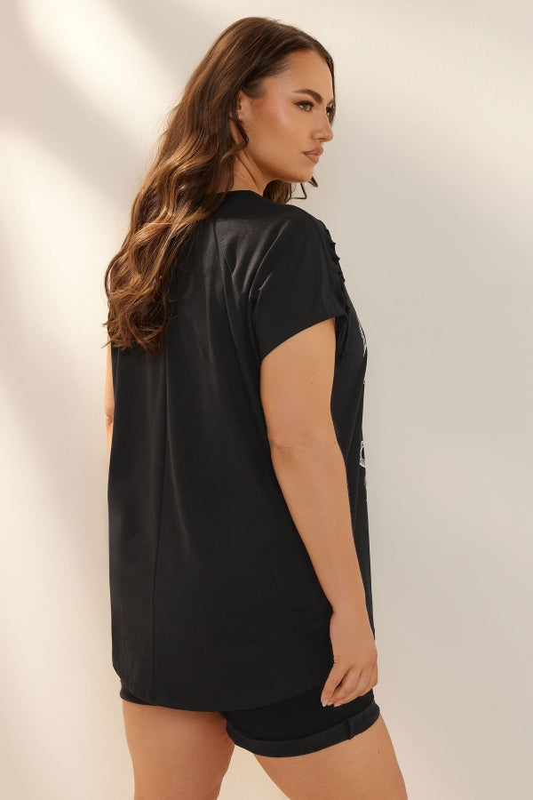 Büyük Beden Bisiklet Yaka Kol Detaylı Kuru Kafa Baskılı T-shirt 322639 T-shirt Vervegrand