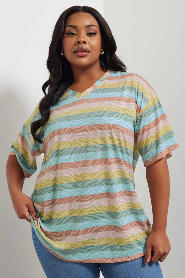 Büyük Beden V Yaka Çizgili Zebra Desenli T-shirt 303953 T-shirt Vervegrand