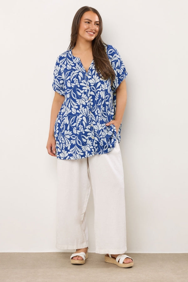 Büyük Beden Polo Yaka Kısa Kollu Düğmeli Çiçek Desenli Bluz 616290 Bluz Vervegrand