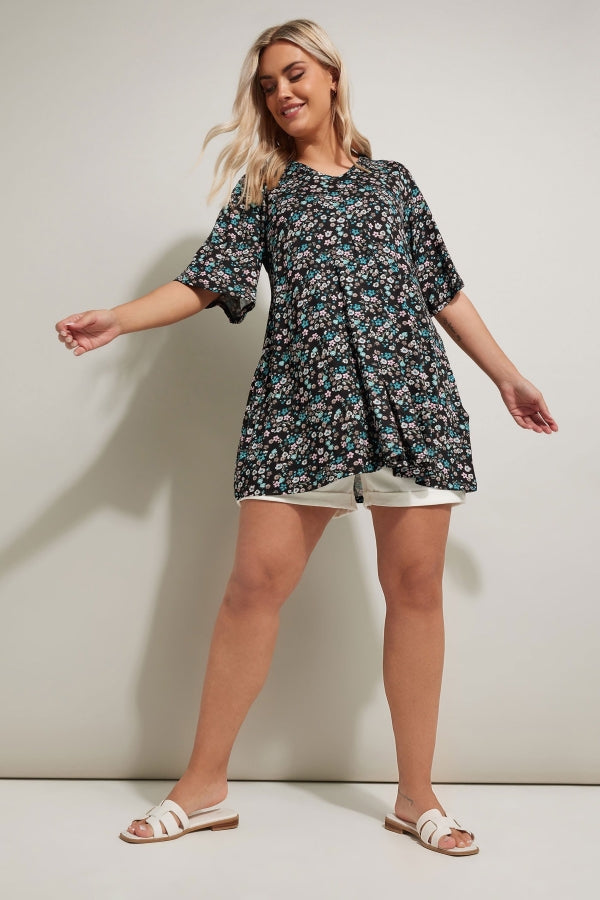 Büyük Beden V Yaka Sıfır Kol Çiçek Desenli Asimetrik Kesim T-shirt 304084 T-shirt Vervegrand