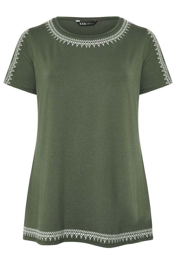 Büyük Beden Bisiklet Yaka Kısa Kollu Omuz Detaylı Etnik Nakışlı T-shirt 304228 T-shirt Vervegrand