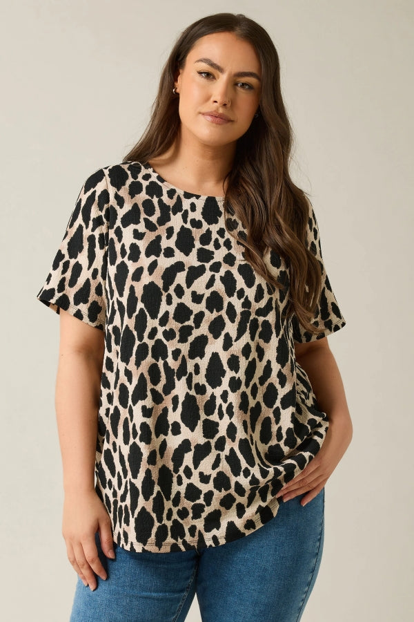 Büyük Beden Kısa Kollu Bisiklet Yaka Leopar Desenli Bluz 616006 Vervegrand