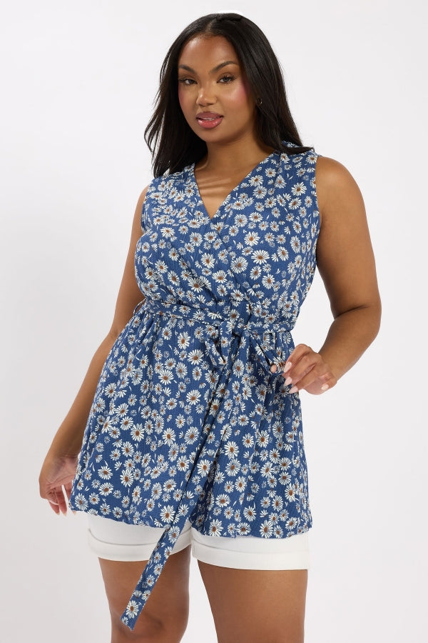 Büyük Beden V Yaka Sıfır Kol Çiçek Desenli Kuşaklı Anvelop Bluz 322681 Bluz Vervegrand