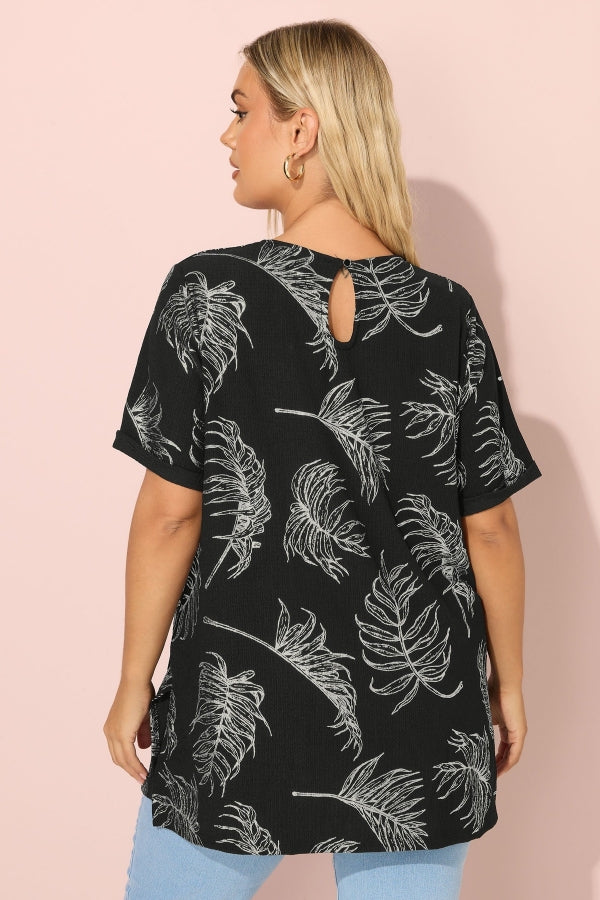 Büyük Beden Kısa Kollu Bisiklet Yaka Baskılı Yırtmaçlı Uzun T-shirt 303780 Vervegrand