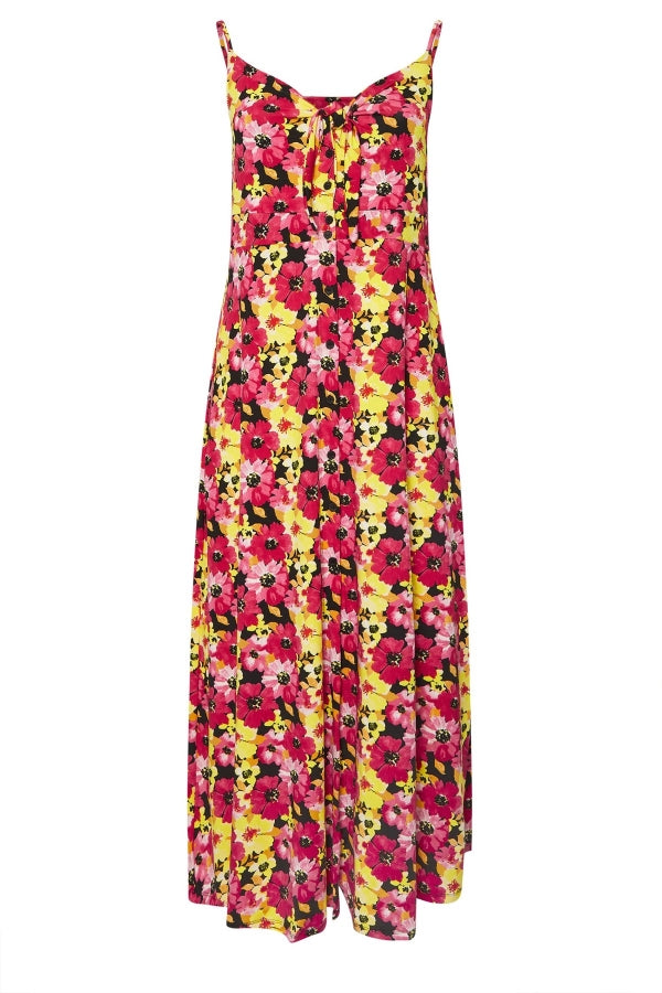 Büyük Beden Önü Büzgülü Askılı Çiçek Desenli Düğmeli Elbise 303481 Elbise Vervegrand