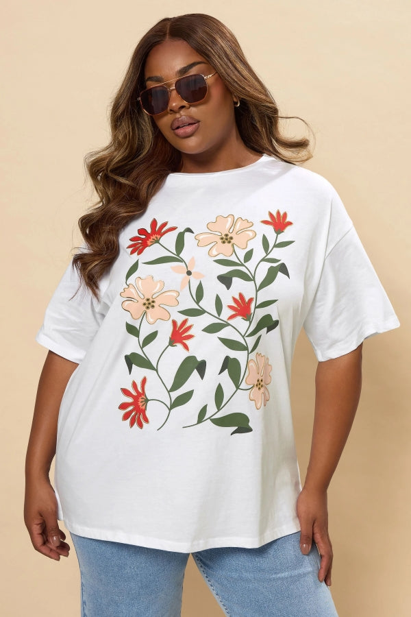 Büyük Beden Kısa Kollu Bisiklet Yaka Çiçek Desenli T-shirt 304177 Vervegrand