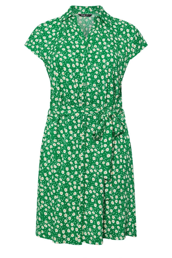 Büyük Beden Polo Yaka Kısa Kollu Çiçek Desenli Düğme Detaylı Kuşaklı Elbise 303328 Elbise Vervegrand