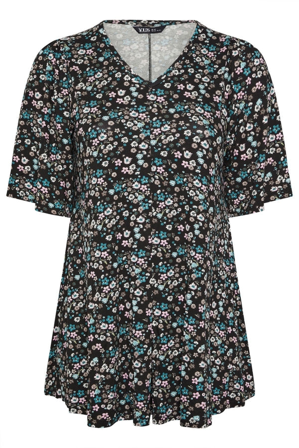 Büyük Beden V Yaka Sıfır Kol Çiçek Desenli Asimetrik Kesim T-shirt 304084 T-shirt Vervegrand