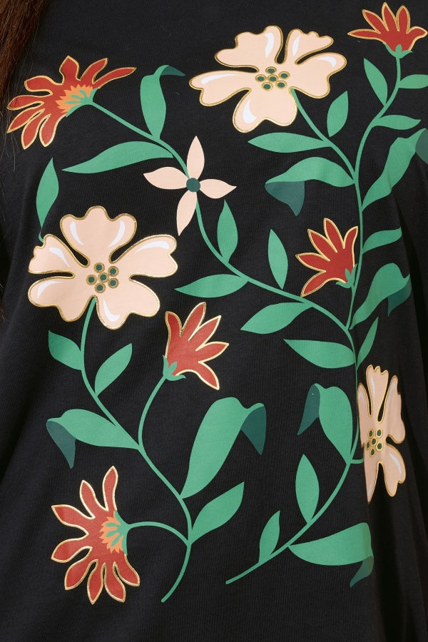 Büyük Beden Bisiklet Yaka Kısa Kollu Çiçek Desenli T-shirt 304197 Vervegrand