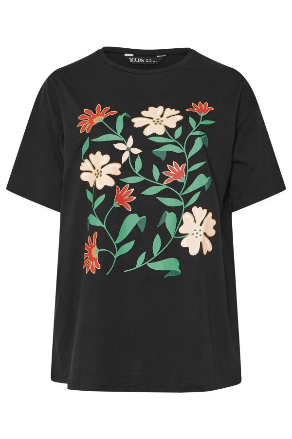 Büyük Beden Bisiklet Yaka Kısa Kollu Çiçek Desenli T-shirt 304197 Vervegrand