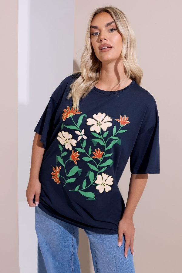 Büyük Beden Bisiklet Yaka Kısa Kollu Çiçek Desenli T-shirt 304198 Vervegrand