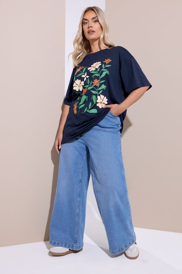 Büyük Beden Bisiklet Yaka Kısa Kollu Çiçek Desenli T-shirt 304198 Vervegrand