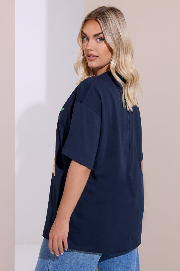 Büyük Beden Bisiklet Yaka Kısa Kollu Çiçek Desenli T-shirt 304198 Vervegrand