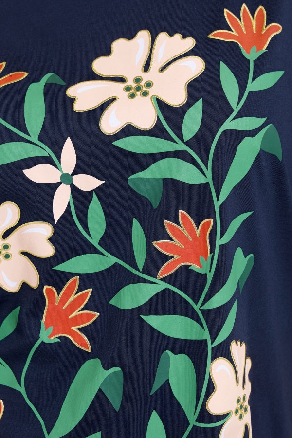 Büyük Beden Bisiklet Yaka Kısa Kollu Çiçek Desenli T-shirt 304198 Vervegrand