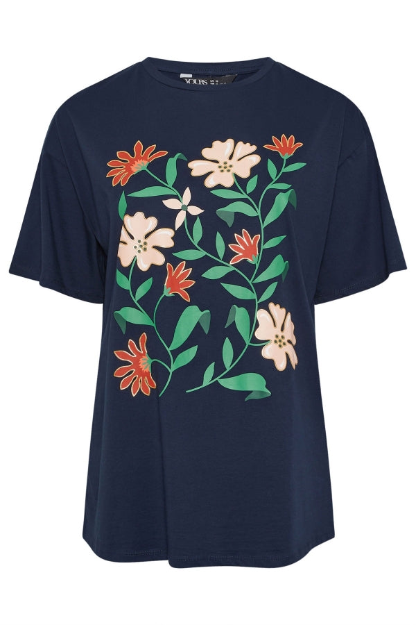 Büyük Beden Bisiklet Yaka Kısa Kollu Çiçek Desenli T-shirt 304198 Vervegrand