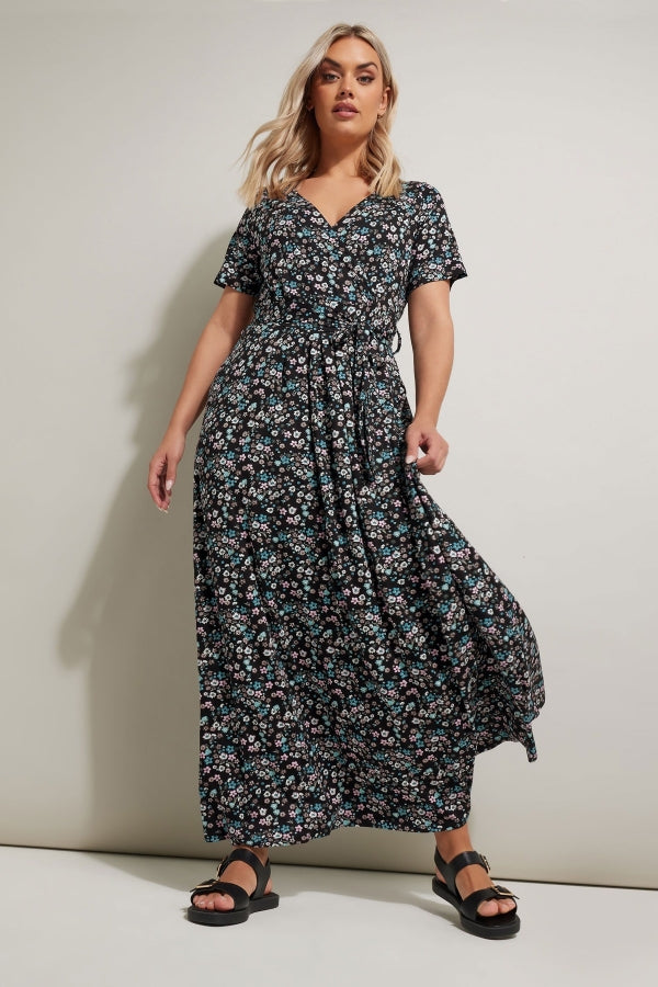 Büyük Beden V yaka Kısa Kollu Beli Kuşaklı Çiçek Desenli Maxi Elbise 304081 Vervegrand