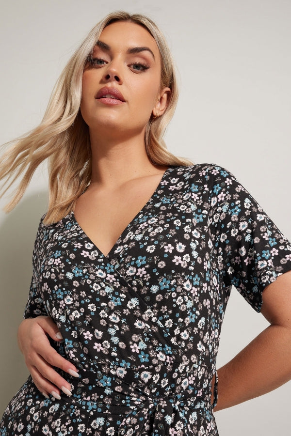 Büyük Beden V yaka Kısa Kollu Beli Kuşaklı Çiçek Desenli Maxi Elbise 304081 Vervegrand