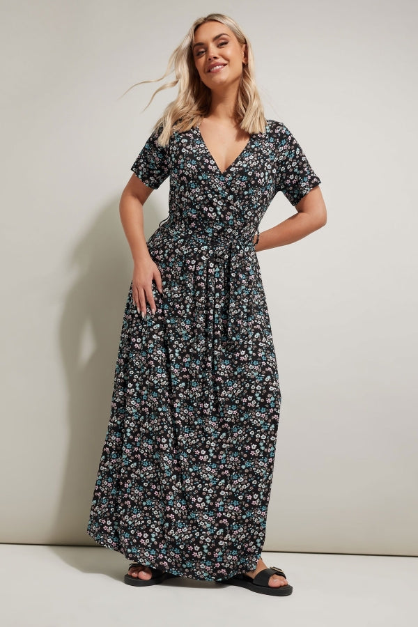 Büyük Beden V yaka Kısa Kollu Beli Kuşaklı Çiçek Desenli Maxi Elbise 304081 Vervegrand