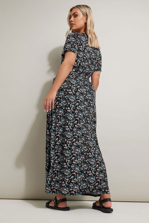 Büyük Beden V yaka Kısa Kollu Beli Kuşaklı Çiçek Desenli Maxi Elbise 304081 Vervegrand