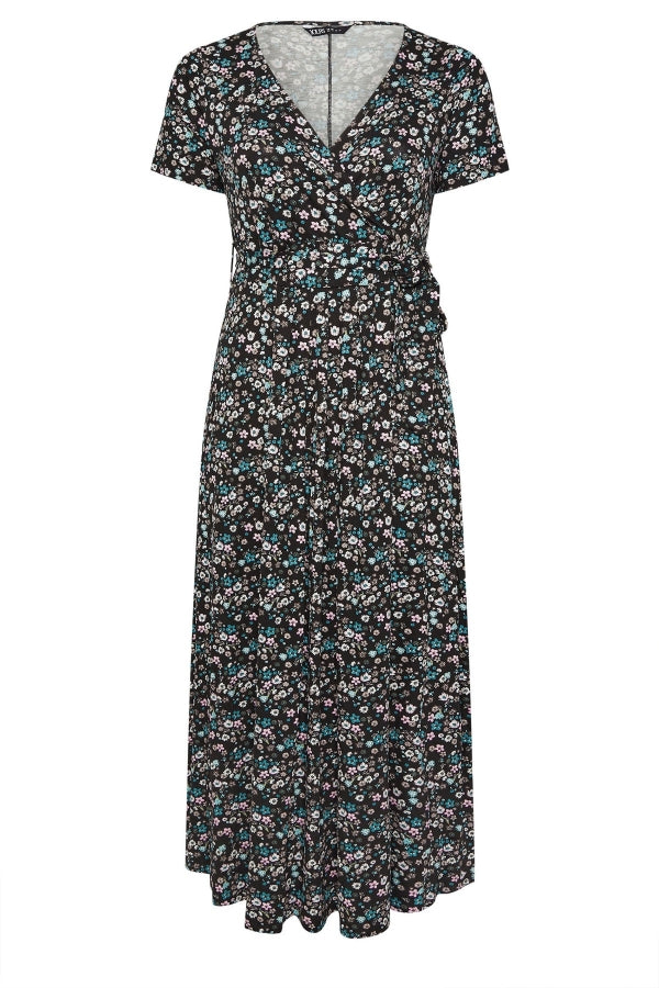 Büyük Beden V yaka Kısa Kollu Beli Kuşaklı Çiçek Desenli Maxi Elbise 304081 Vervegrand