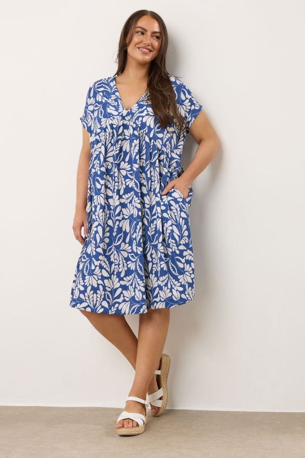 Büyük Beden V Yaka Kısa Kollu Cepli Çiçek Desenli Midi Elbise 616286 Vervegrand