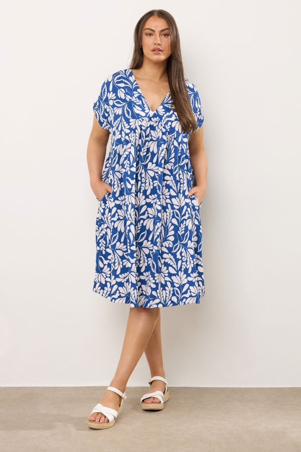 Büyük Beden V Yaka Kısa Kollu Cepli Çiçek Desenli Midi Elbise 616286 Vervegrand