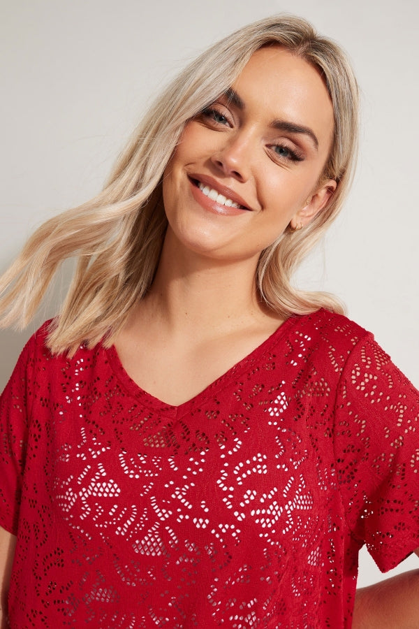 Büyük Beden V Yaka Kısa Kollu Dantel Desen Astarsız T-shirt 304093 Vervegrand