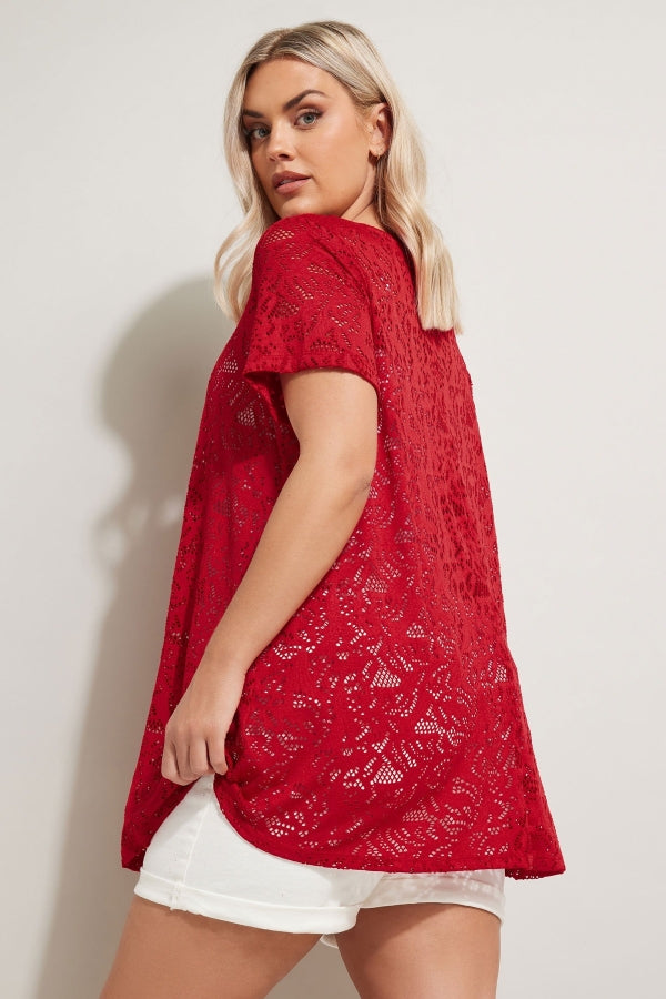 Büyük Beden V Yaka Kısa Kollu Dantel Desen Astarsız T-shirt 304093 Vervegrand