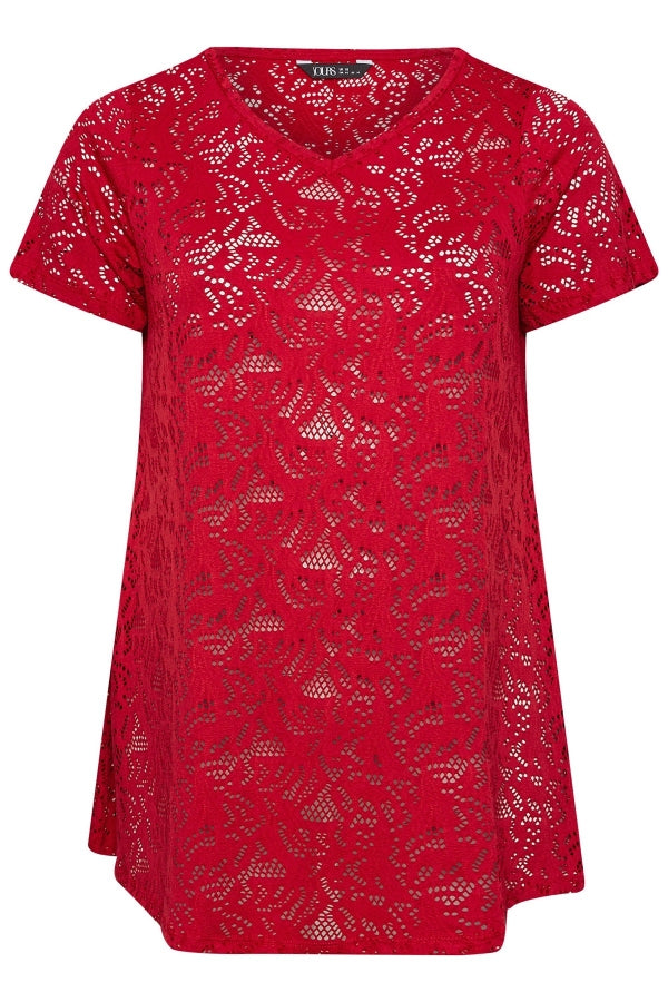 Büyük Beden V Yaka Kısa Kollu Dantel Desen Astarsız T-shirt 304093 Vervegrand