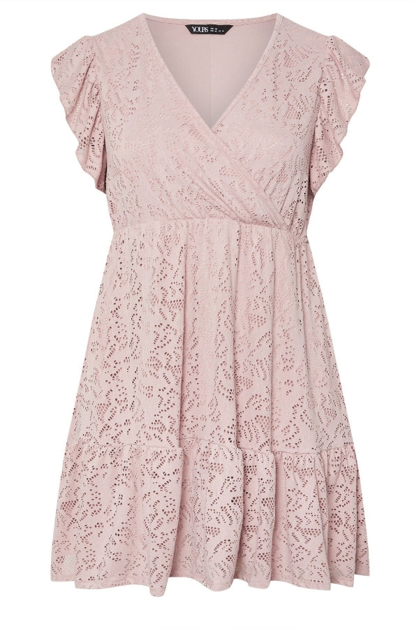 Büyük Beden V Yaka Kısa Kollu Dantel Detaylı Kolları Fırfırlı Astarlı Mini Elbise 304109 Vervegrand