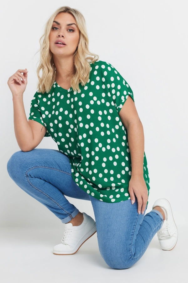 Vervegrand büyük beden yeşil puantiyeli V yaka kadın t-shirt
