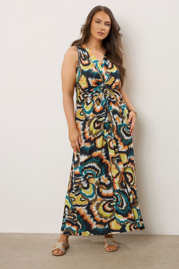 Büyük Beden V Yaka Sıfır Kol Önü Büzgülü Soyut Desenli Maxi Elbise 616343 Vervegrand