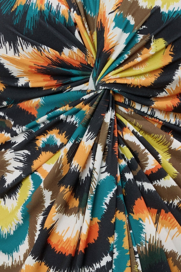 Büyük Beden V Yaka Sıfır Kol Önü Büzgülü Soyut Desenli Maxi Elbise 616343 Vervegrand