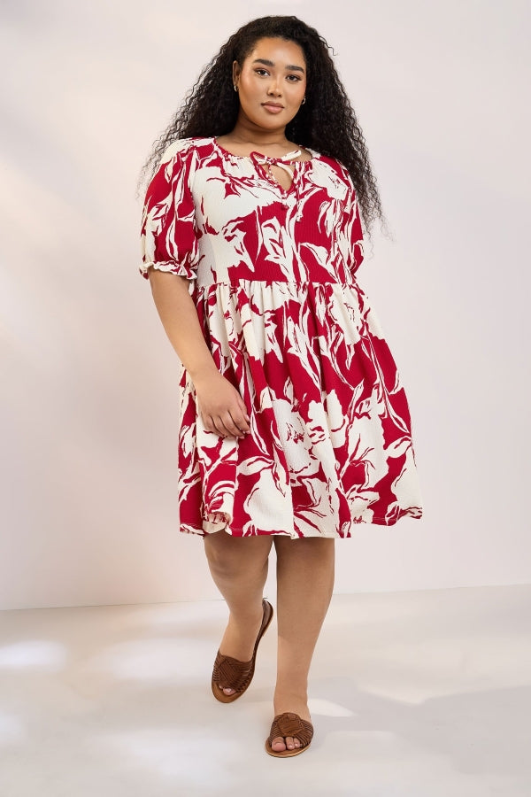 Büyük Beden Yakası Bağlamalı Çiçek Desenli Bürümcük Kumaş Diz Üstü Elbise 304113 Vervegrand