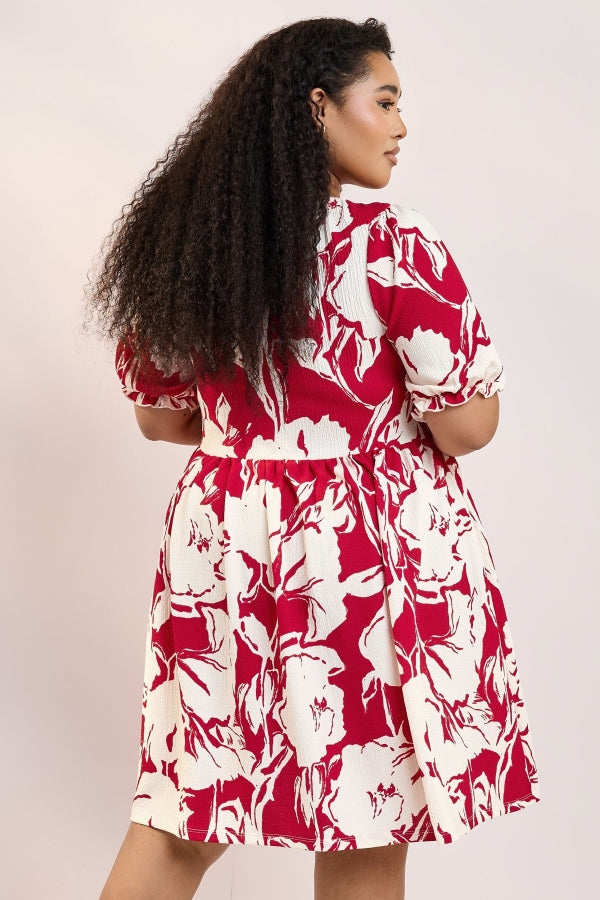 Büyük Beden Yakası Bağlamalı Çiçek Desenli Bürümcük Kumaş Diz Üstü Elbise 304113 Vervegrand